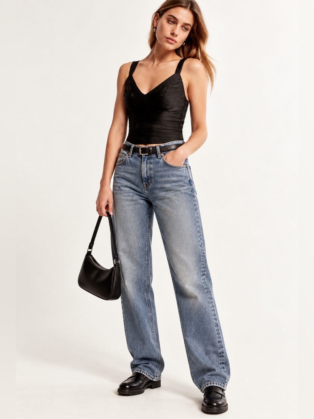 Abercrombie & Fitch Black Satin Pleated Accordion Thick Strap Crop Top Bralette
